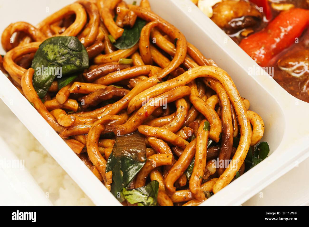Maccaroni spessi con verdure e salsa saporita in contenitore per cibo da asporto. Sfondo di cucina asiatica per pasti pronti, street food e pranzo veloce. Foto Stock