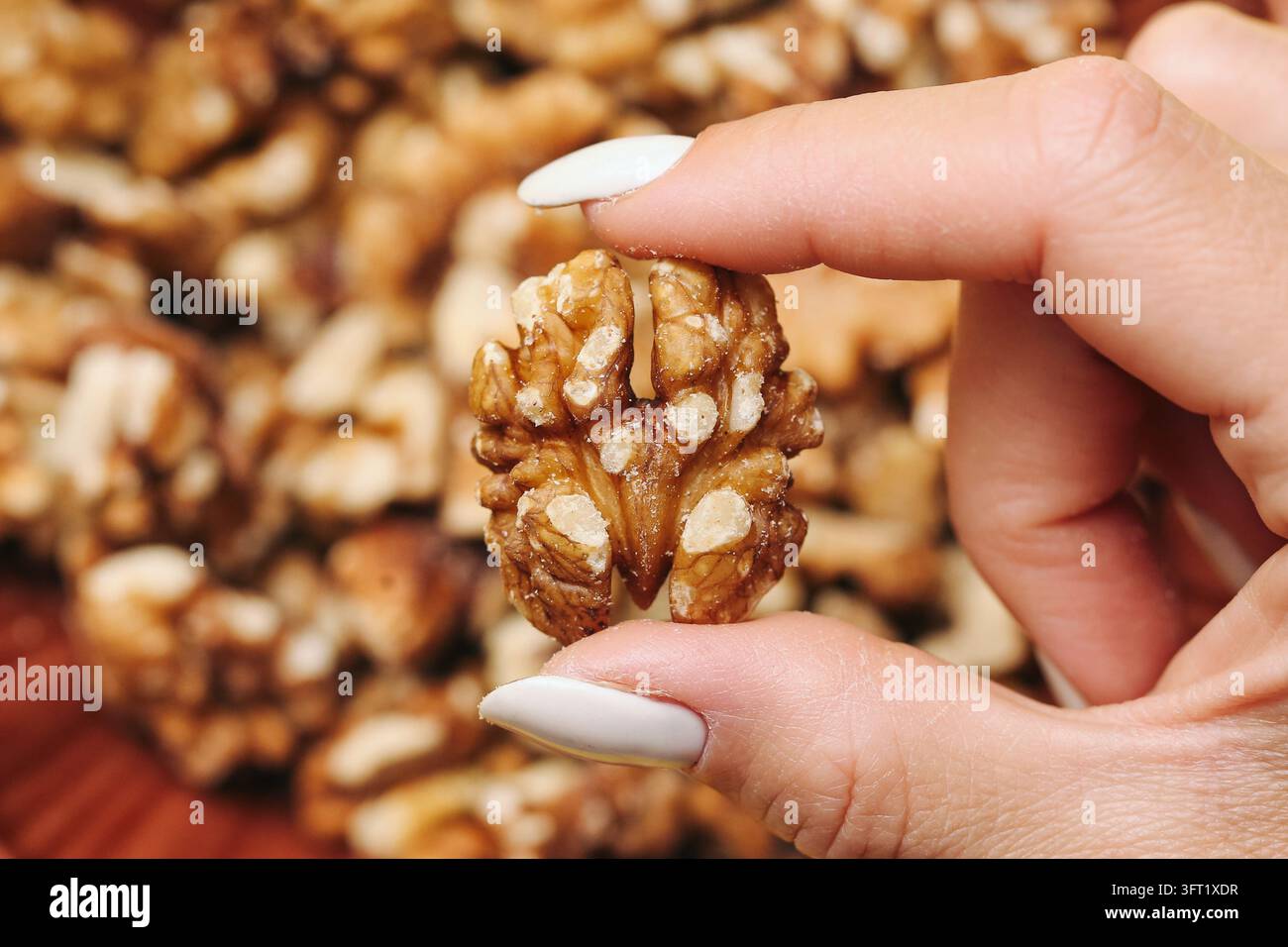 Prima di una mezza noce tenuta tra le dita con noci sfocate sullo sfondo. Fondo alimentare naturale per snack salutari, texture della noce e nutrizione. Foto Stock
