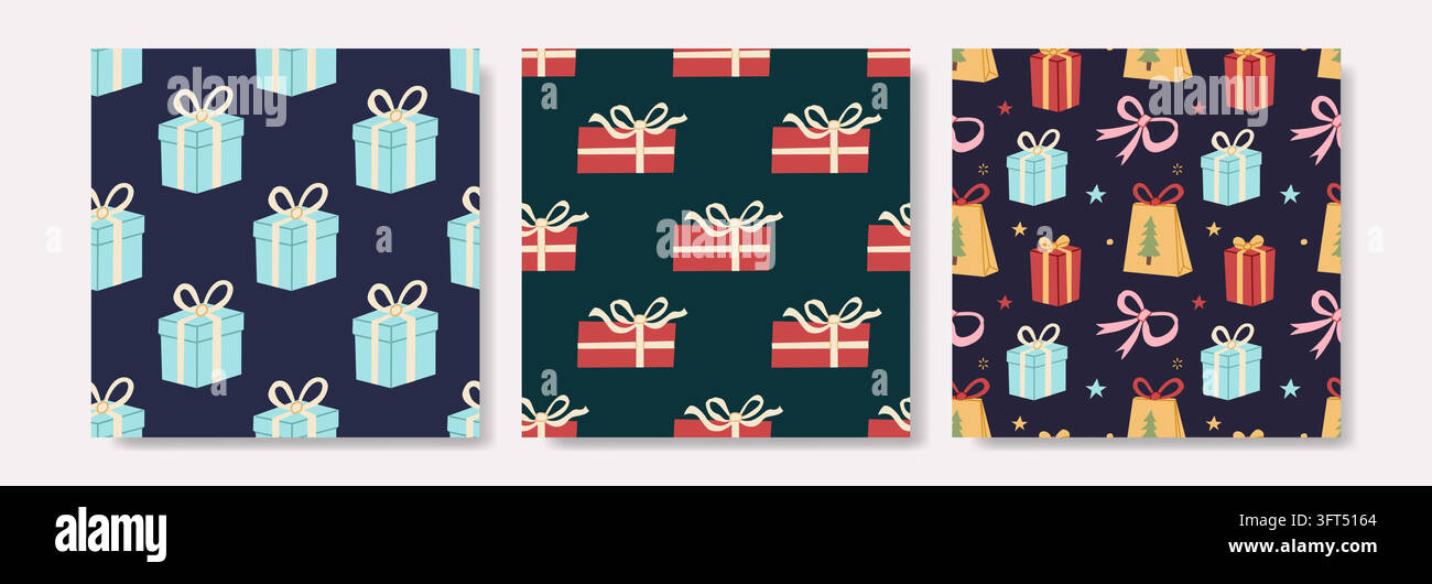 Scatole regalo di Natale e fiocchi di nastro Set di motivi senza cuciture Illustrazione Vettoriale