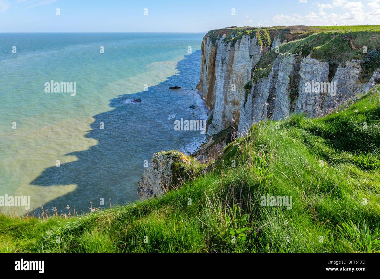 Costiera di Etretat in Normandia con scogliere luminose, cime verdi delle scogliere e mare azzurro cristallino che formano un paesaggio panoramico aperto con forte contrasto e linea pulita Foto Stock