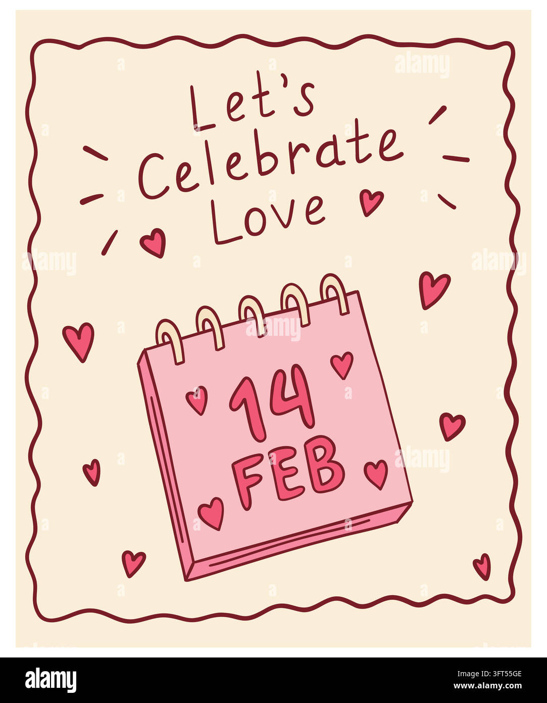 Simpatica carta di auguri per San Valentino con calendario del 14 febbraio e scritta "Let's Celebrate Love". Illustrazione Vettoriale