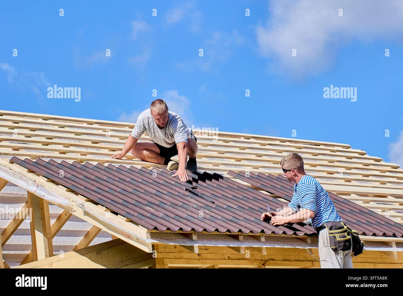 I fogli di tetto in asfalto vengono installati da due operai edili che posizionano pannelli di bitume su travi di legno del tetto durante la costruzione della casa. Foto Stock