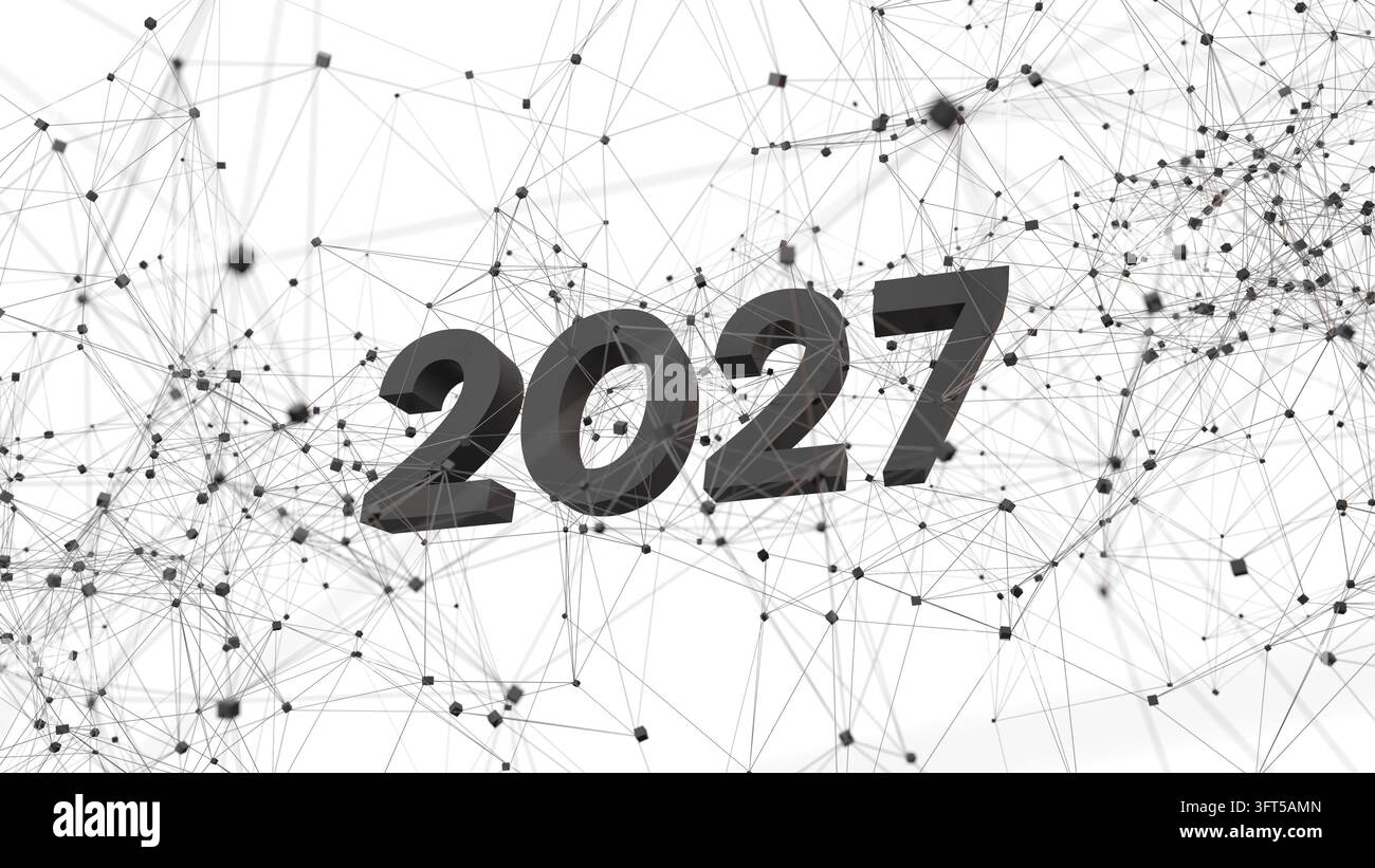 Numero 3D nero dell'anno 2027 con linee di plexus di rete digitale e cubi su sfondo bianco - Rendering 3D Foto Stock