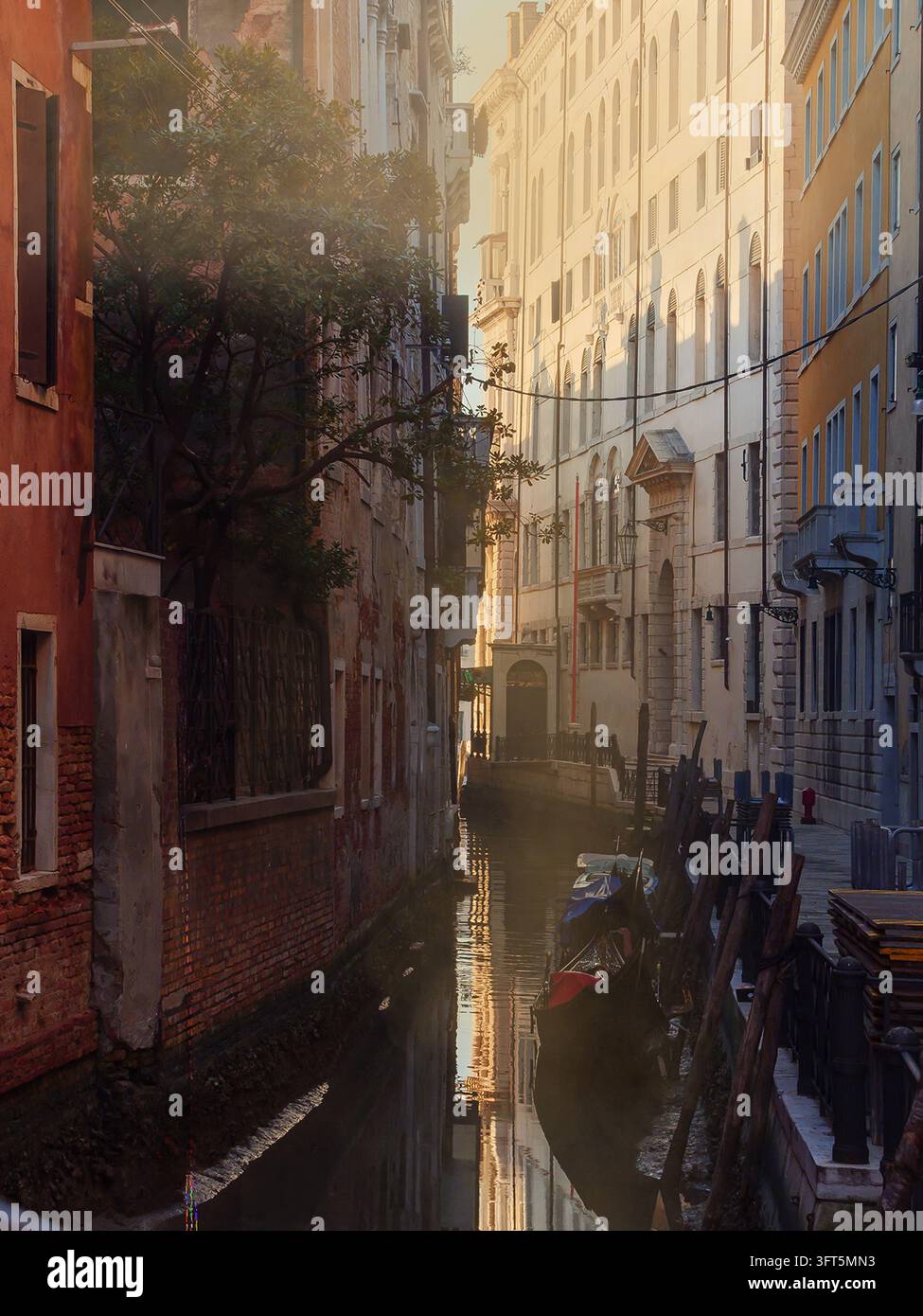 Luce del mattino e leggera nebbia su un canale stretto a Venezia, Italia Foto Stock