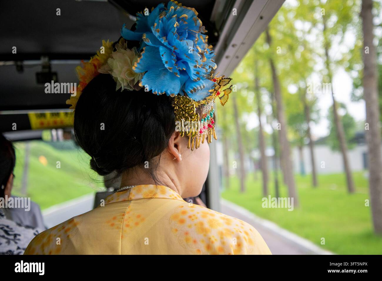Veduta posteriore di una donna che indossa un elaborato copricapo floreale blu e un indumento a motivi dorati a Luoyang, Henan, Cina. Foto Stock