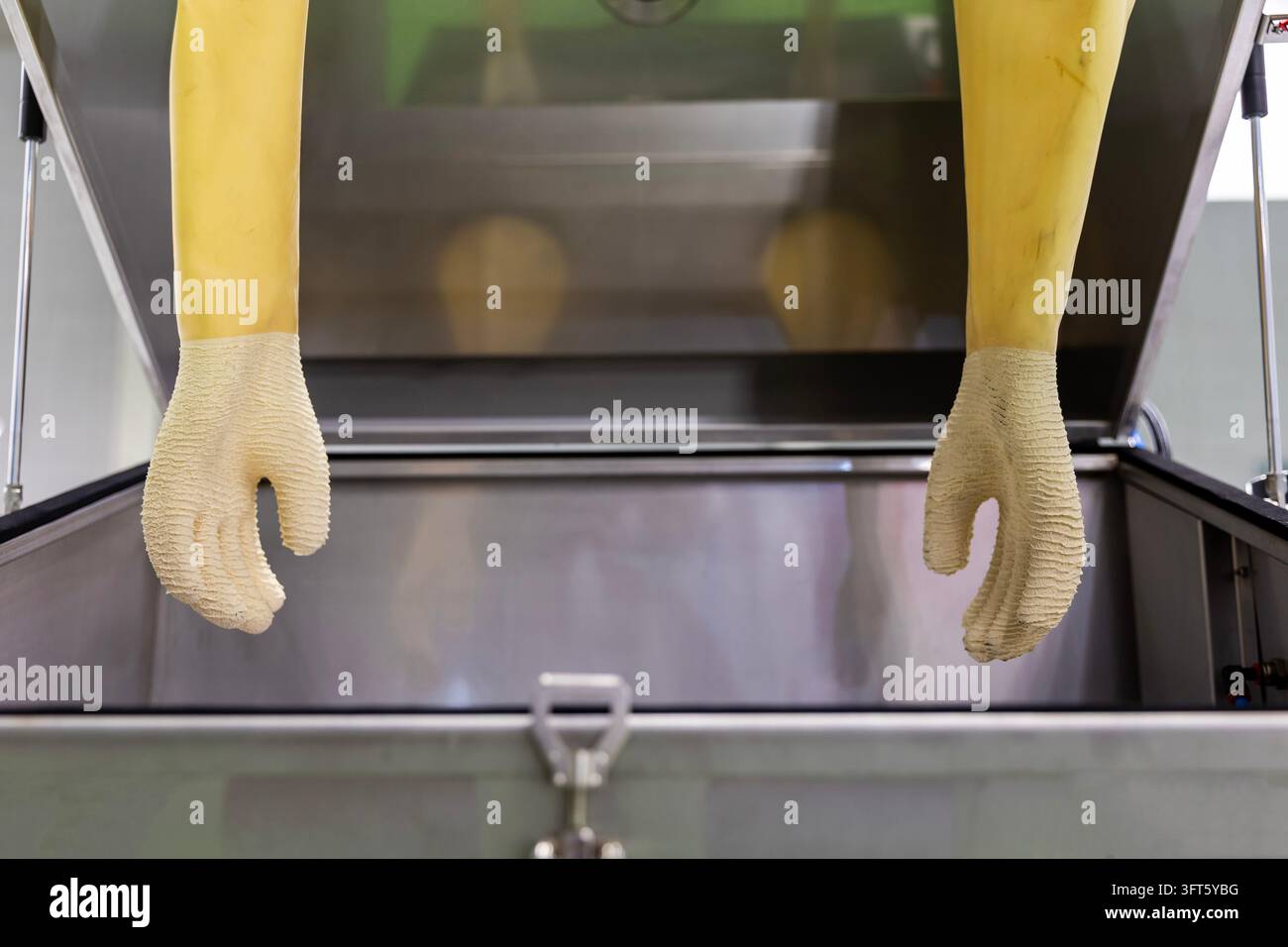 Maniche robuste in gomma o lattice consentono all'operatore di manipolare oggetti all'interno della camera senza rompere il contenimento. Foto Stock