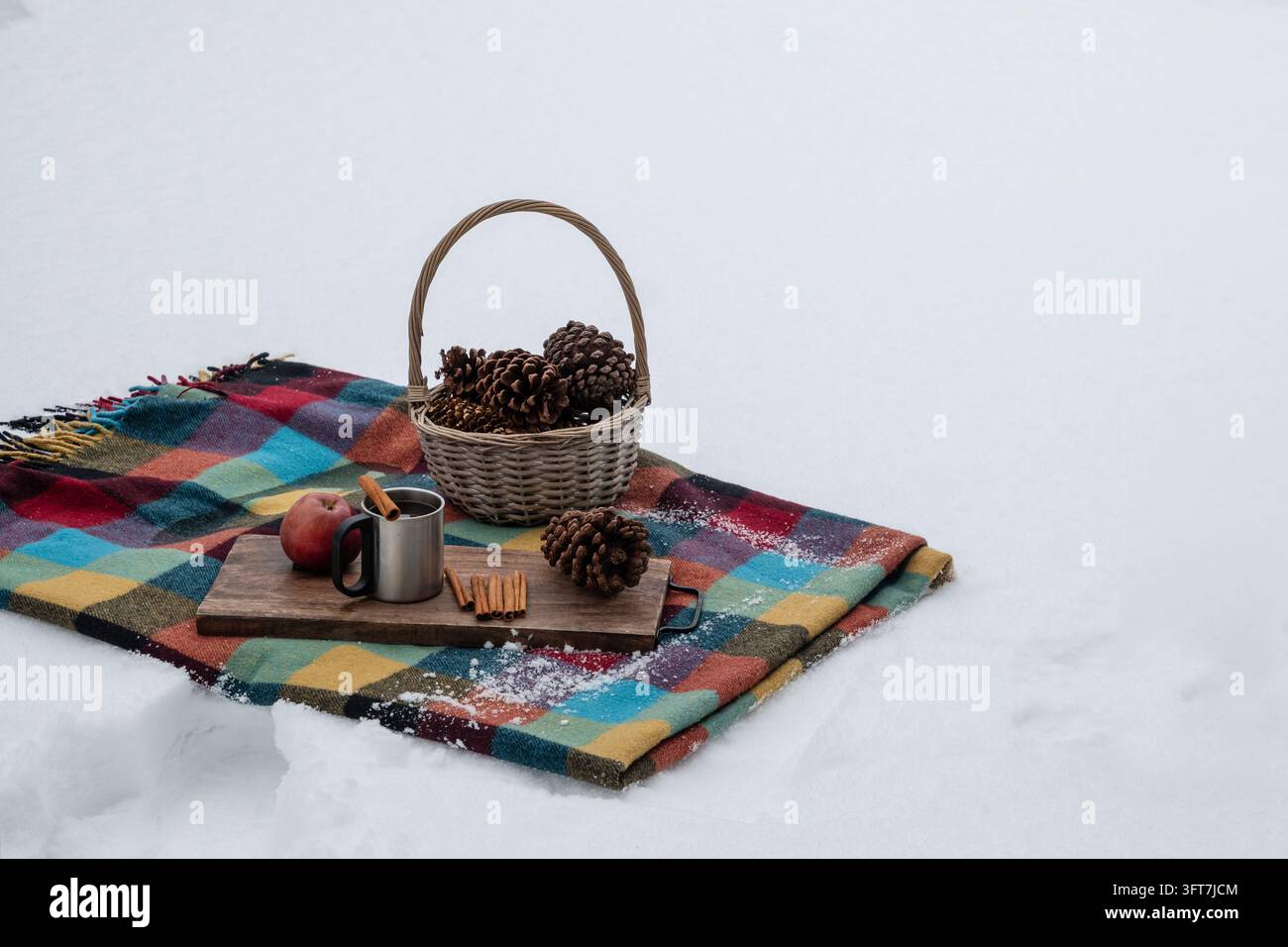 Tazza di metallo con cannella, thermos, mela e cestino di vimini con pigne disposti su una coperta a quadri colorata nella neve. Picnic invernale all'aperto, bevanda calda Foto Stock
