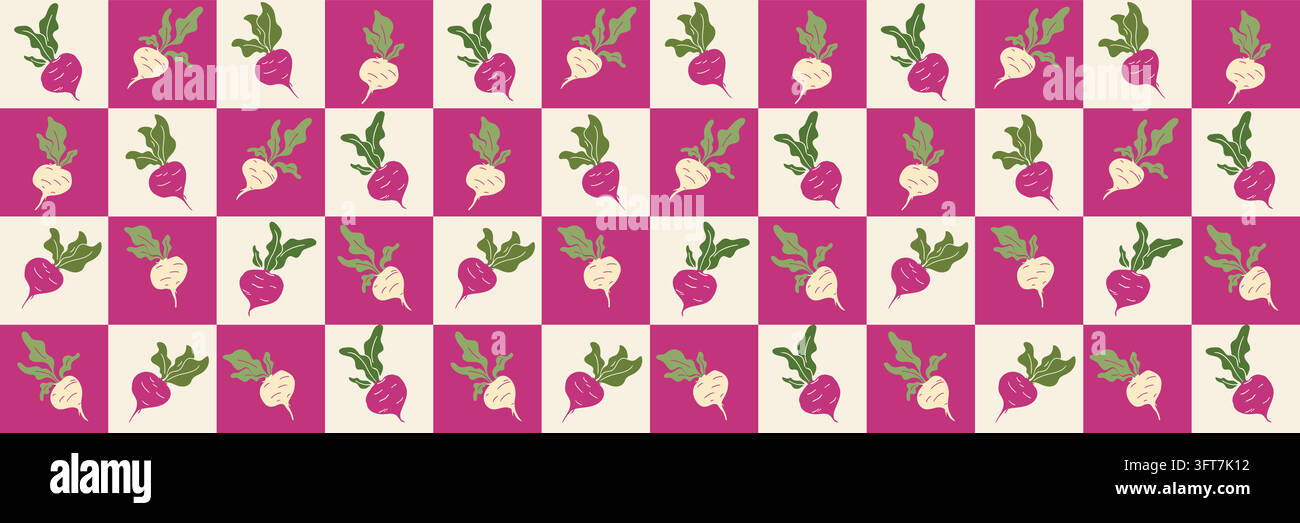 Motivo vegetale senza cuciture a scacchiera di barbabietola rosa giocoso Illustrazione Vettoriale