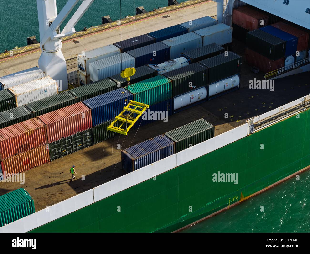 Vista aerea del ponte di una nave da carico con container colorati in fase di carico da una gru e un operaio che cammina sul ponte nel Regno Unito. Foto Stock