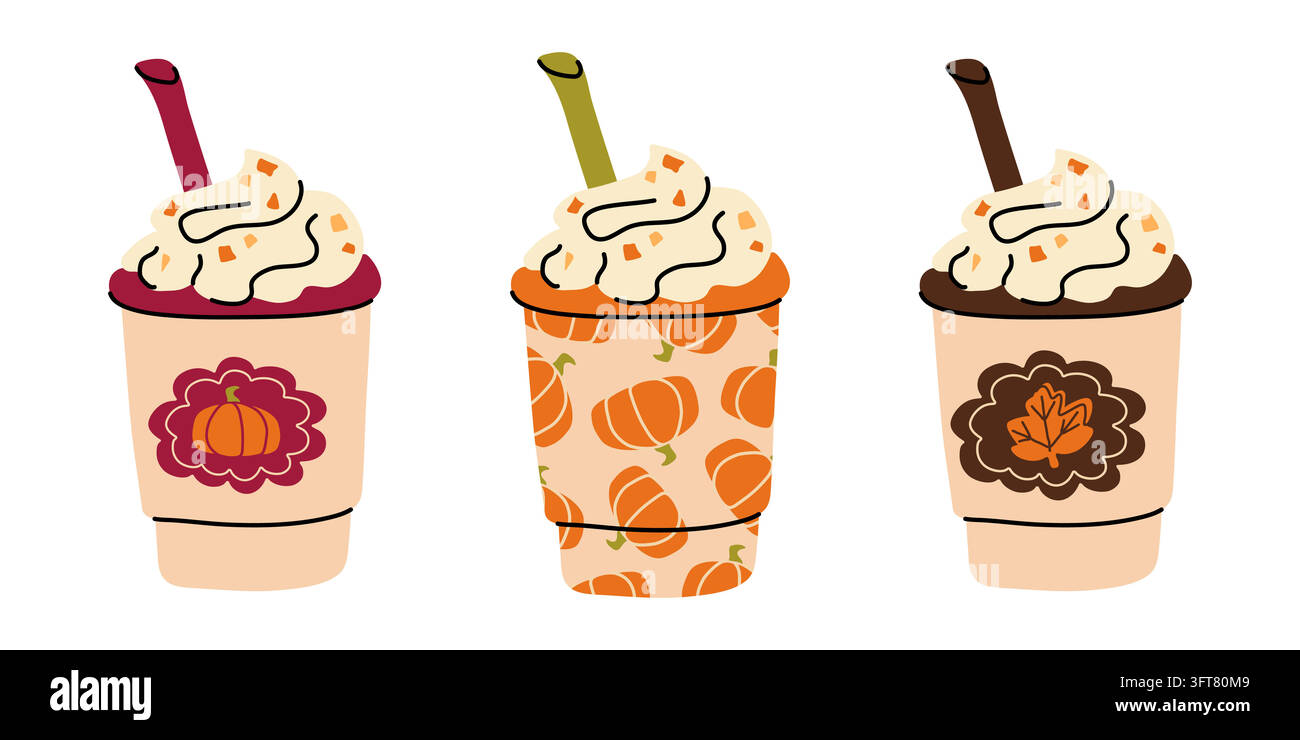 Set di tazze da caffè pumpkin spice latte disegnate a mano per il design del menu da asporto autunnale Illustrazione Vettoriale