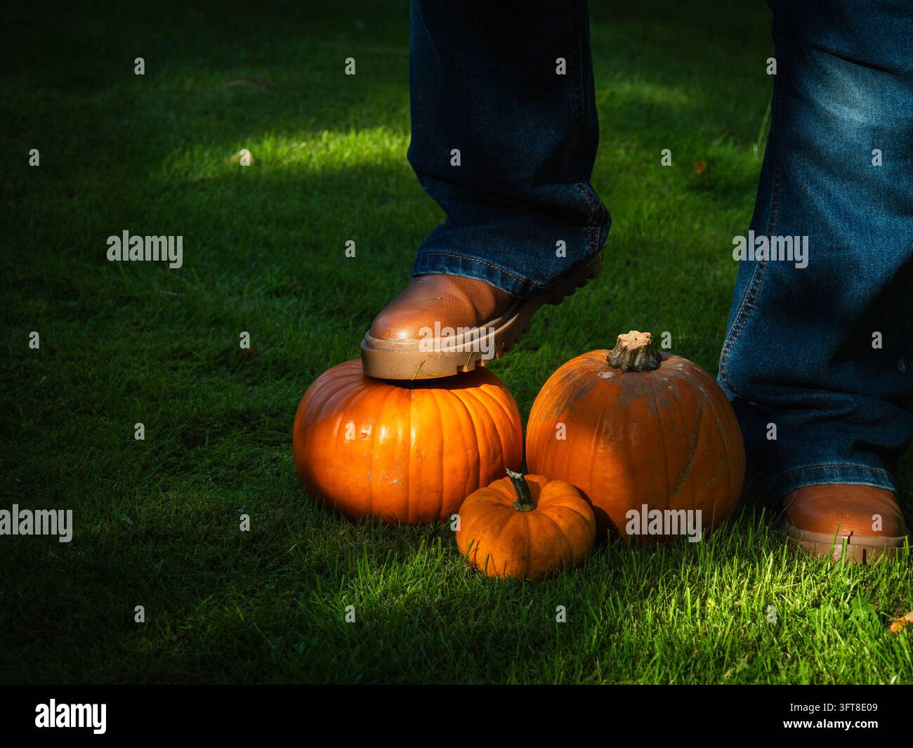 Piede in piedi su una zucca arancione autunnale fuori dall'erba Foto Stock