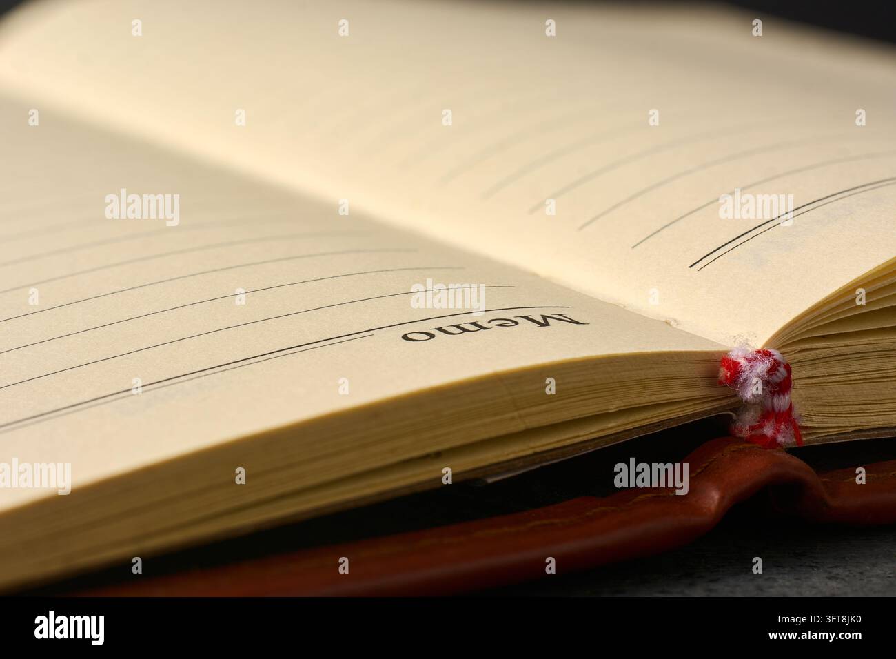 Quaderno di pelle aperto con pagine memo righeate vuote su superficie scura. Primo piano di diario o giornale di carta gialla con dorso del libro in vista laterale. Foto Stock