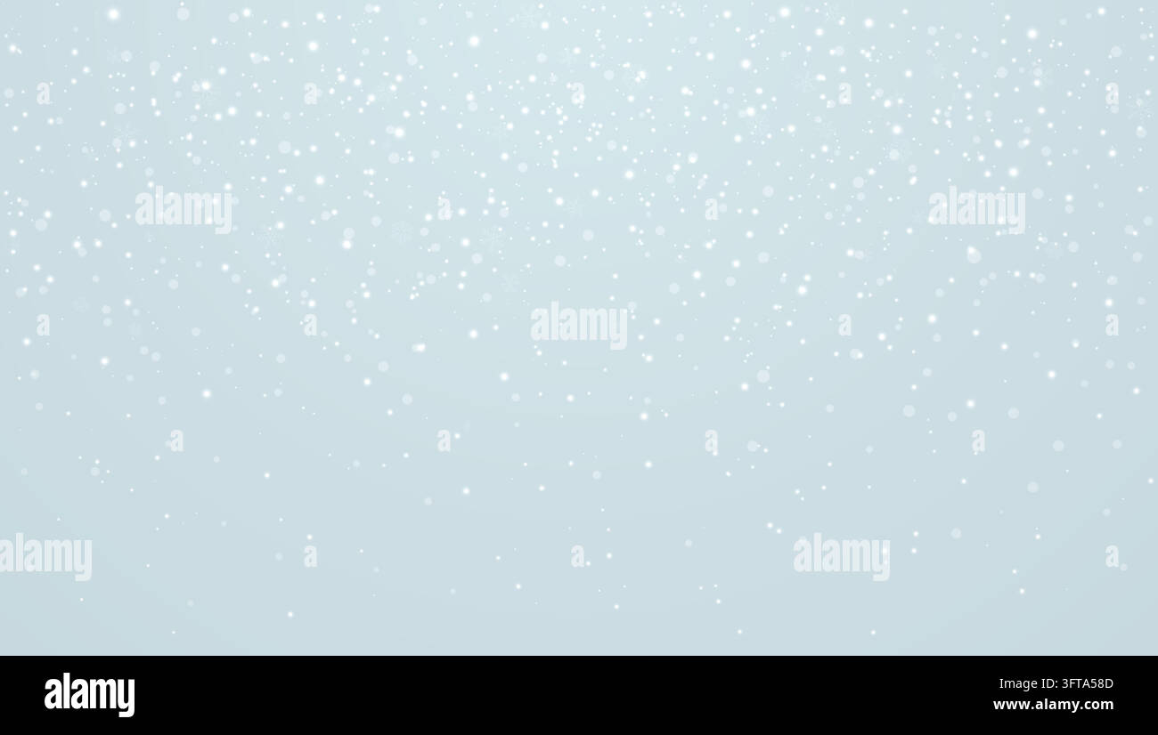 Sfondo invernale di neve con morbidi fiocchi di neve bianchi scintillanti. Particelle luminose con delicato sfumato blu. Biglietto di Natale, banner per le feste, poster o Illustrazione Vettoriale