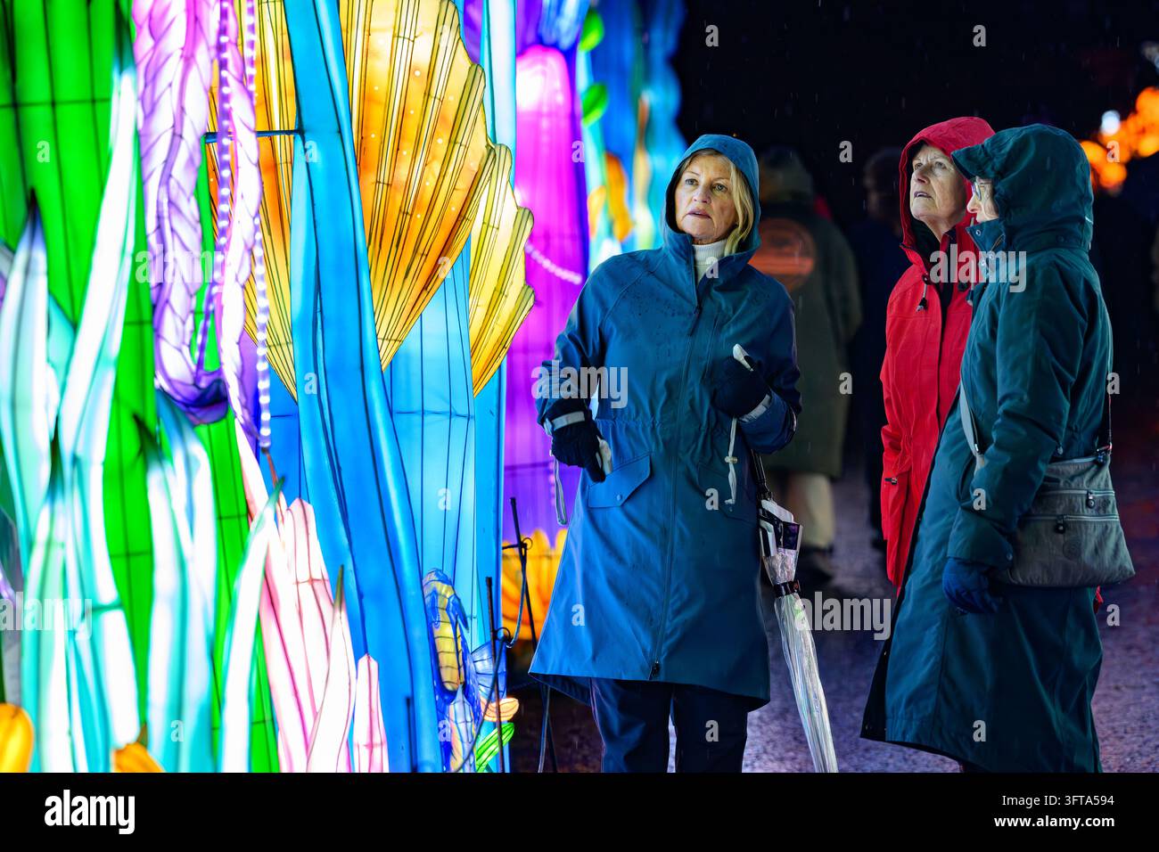 I visitatori passeggiano tra esposizioni di lanterne illuminate a tema oceanico lungo il sentiero delle Lanterne Giganti, zoo di Edimburgo, Edimburgo, Scozia, Regno Unito Foto Stock