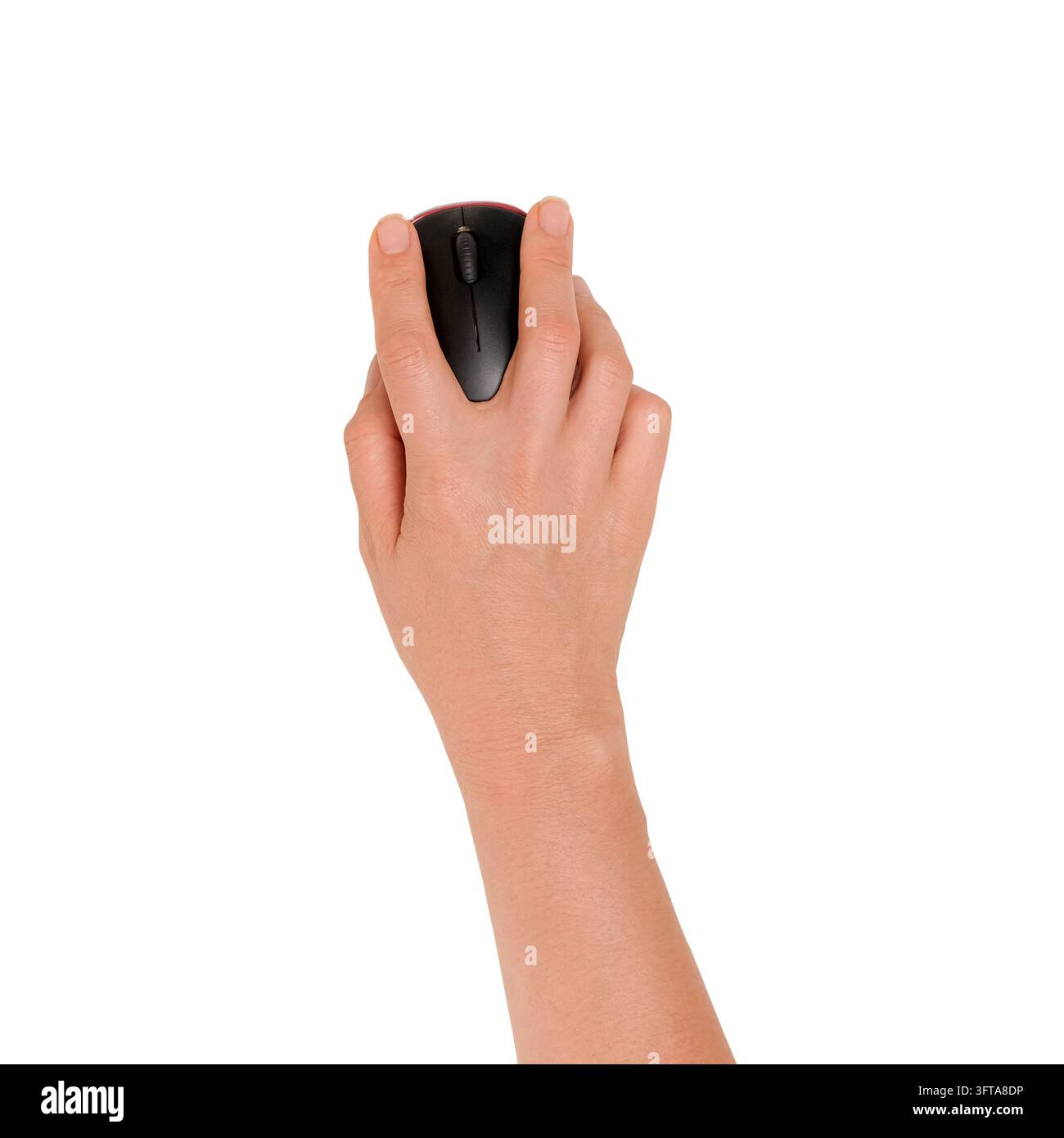 Mano che usa un mouse nero per computer con le dita posizionate sui pulsanti, isolata su sfondo bianco Foto Stock