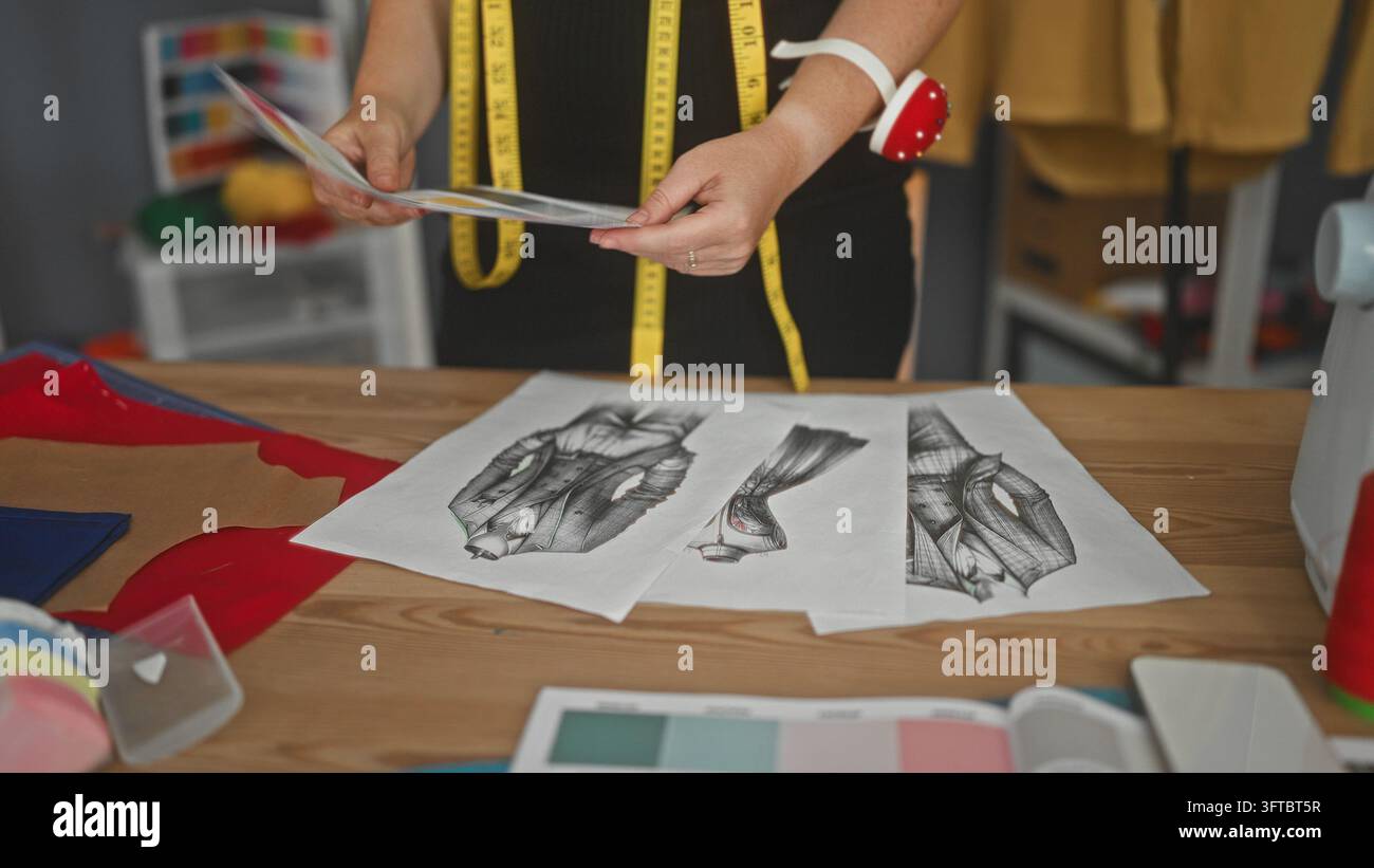 Donna che tiene campioni di colore e schizzi di abiti, mani visibili con nastro metrico intorno al collo, sistema motivi su tavolo di legno nello studio; concentrata Foto Stock