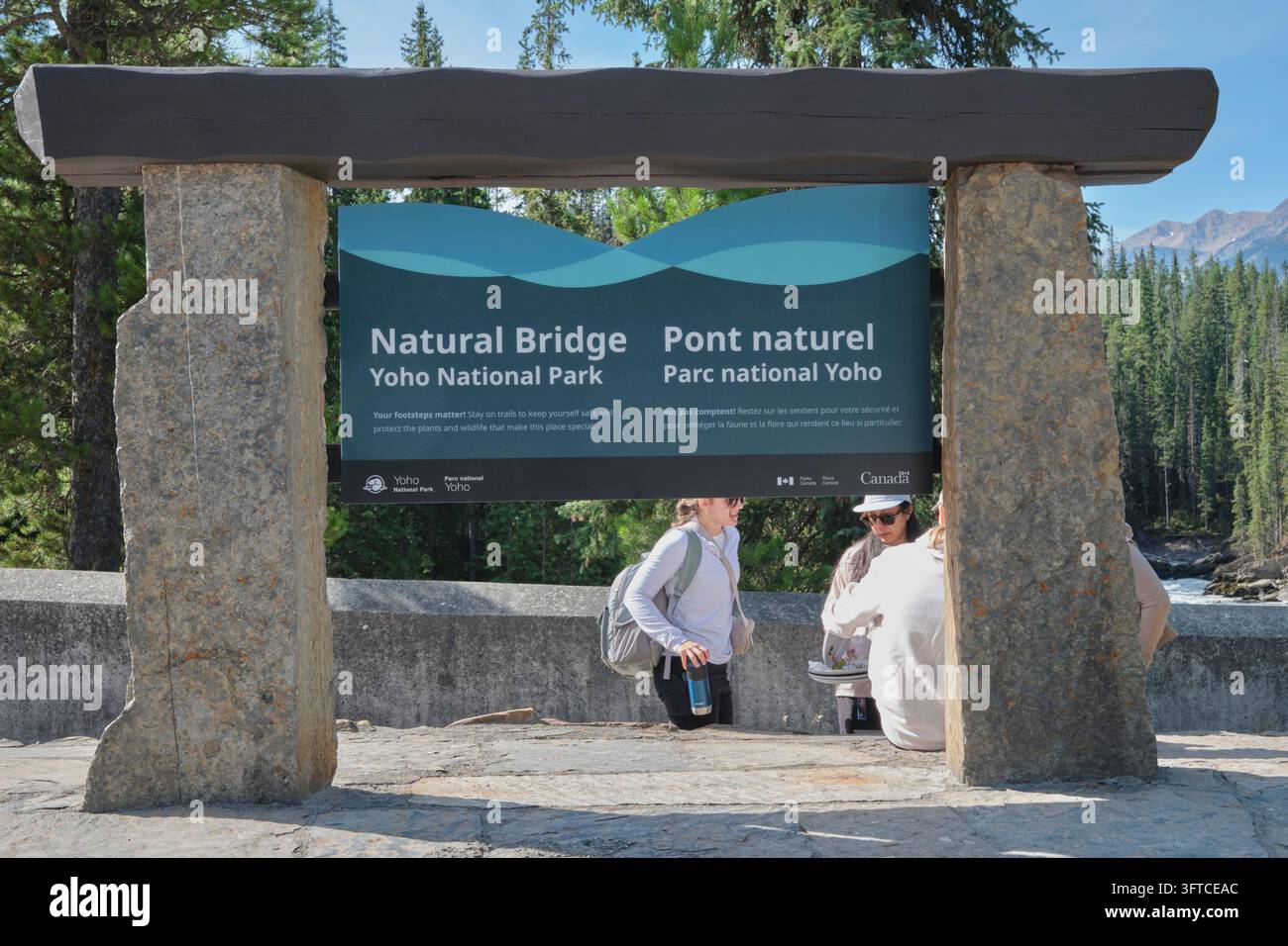Segnale alla Natural Bridge sul fiume Kicking Horse nel Parco Nazionale Yoho della British Columbia Foto Stock