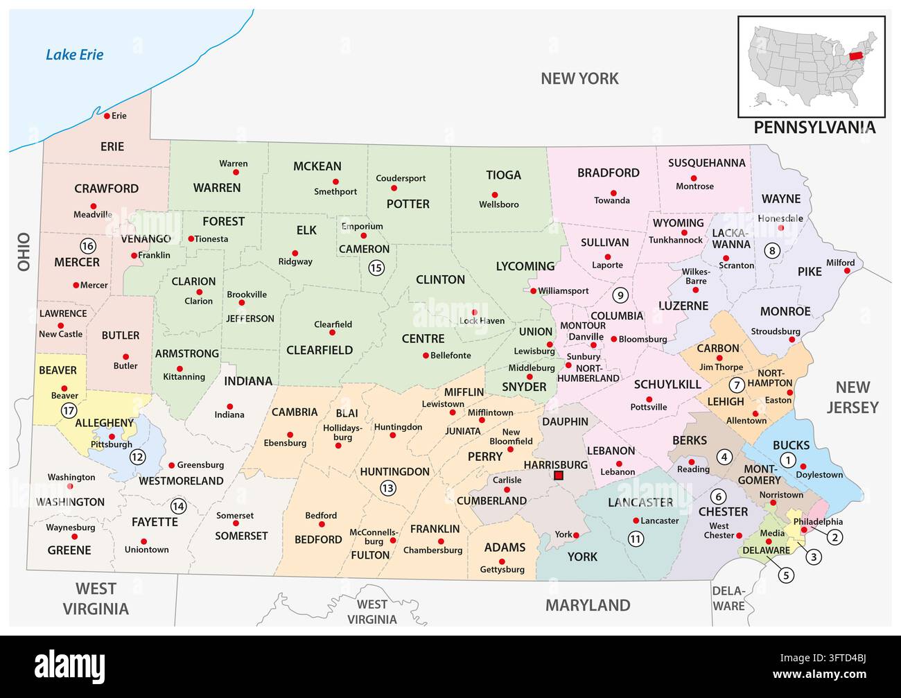 Mappa dei confini dei distretti congressuali dello stato americano della Pennsylvania Foto Stock