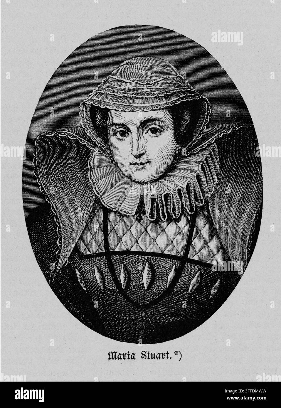 Maria Stuarta, Regina di Scozia, ritratto in abito d'epoca con colletto arricciato e cappello, cornice ovale, incisione del XIX secolo. Foto Stock