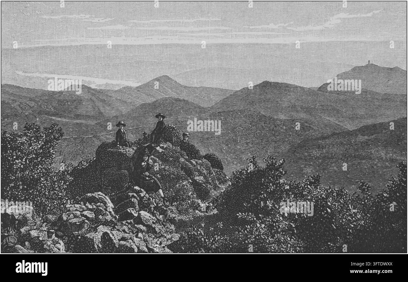 Viaggiatori che osservano la vista da uno sperone roccioso, Monte degli Ulivi, paesaggio montuoso, incisione del XIX secolo. Foto Stock