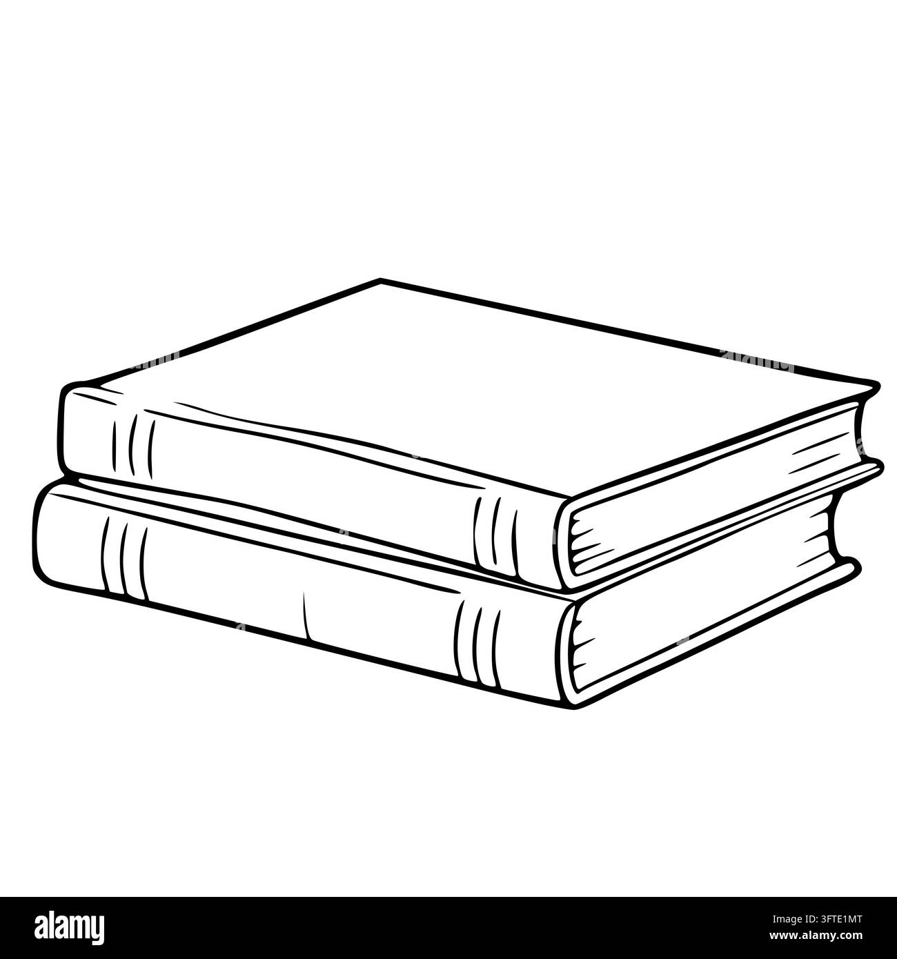 Illustrazione vettoriale di una pila di due libri rilegati, disegno semplice a tratto bianco e nero di materiale di lettura isolato su sfondo bianco. Illustrazione Vettoriale