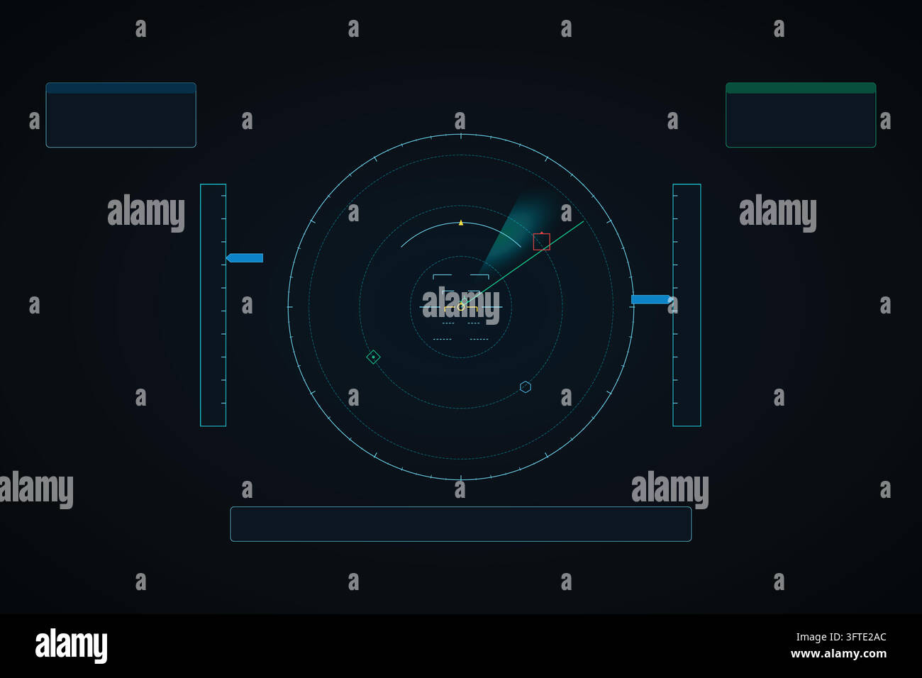 Layout visivo professionale che evidenzia HUD intricato, display a testa alta, radar di volo, orizzonte artificiale, avionica. Adatto per sfondi web commerciali Illustrazione Vettoriale