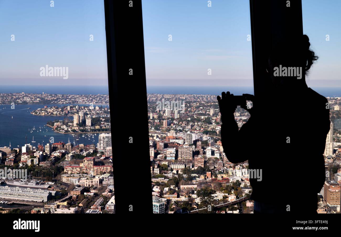 Persona in silhouette scatta una foto della città, delle baie e delle barche a vela ormeggiate con uno smartphone da una finestra della piattaforma di osservazione, Sydney, Australia Foto Stock