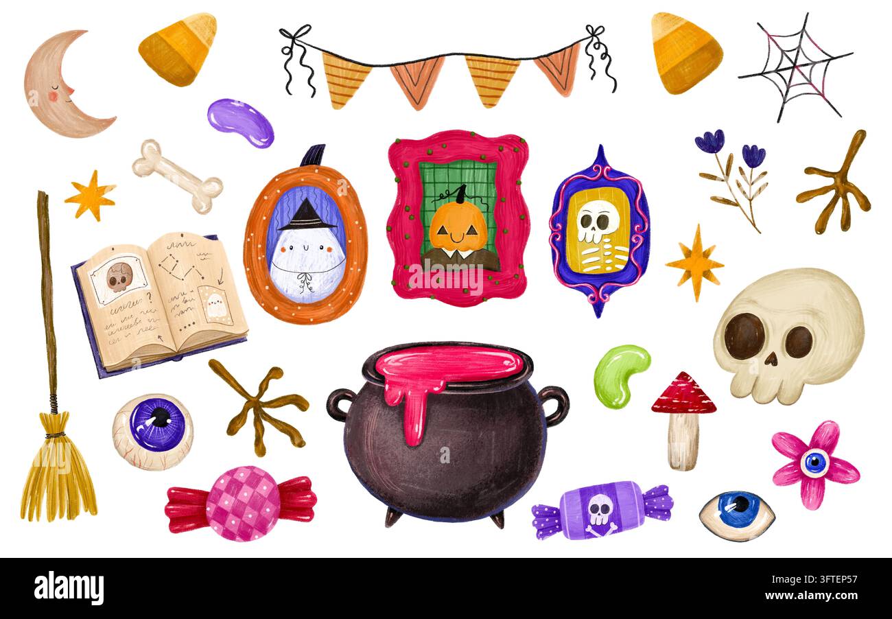 Affascinante raccolta di clipart Halloween ad acquerello con calderone della strega, libro degli incantesimi, scopa magica, teschio e ritratti incorniciati in stile vintage per lo scrapbooking festivo Foto Stock