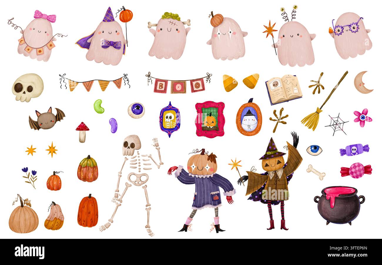 Collezione completa di clipart di Halloween ad acquerello con fantasmi carini, personaggi di zucca, calderone ed elementi festivi per adesivi, motivi e Foto Stock