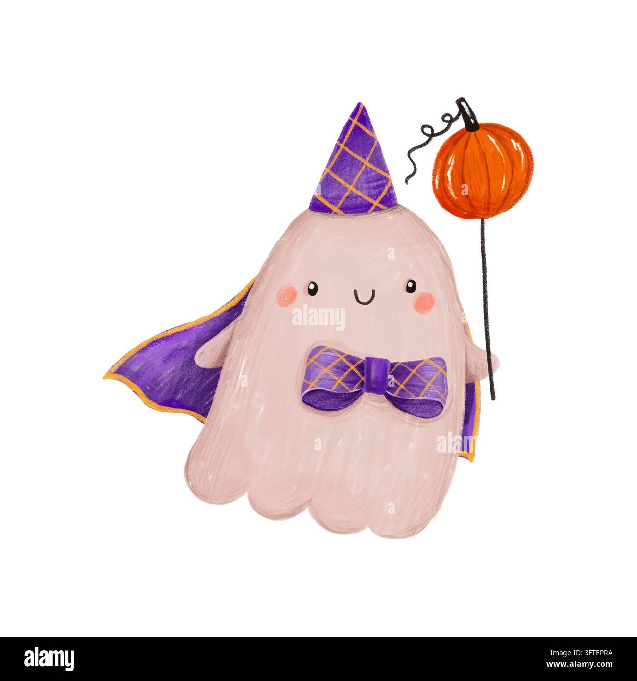 Simpatico personaggio fantasma di Halloween in acquerello che indossa un mantello viola, un cappello da festa e tiene in mano una bacchetta di zucca. Ottimo per inviti festosi per feste, autunno st Foto Stock