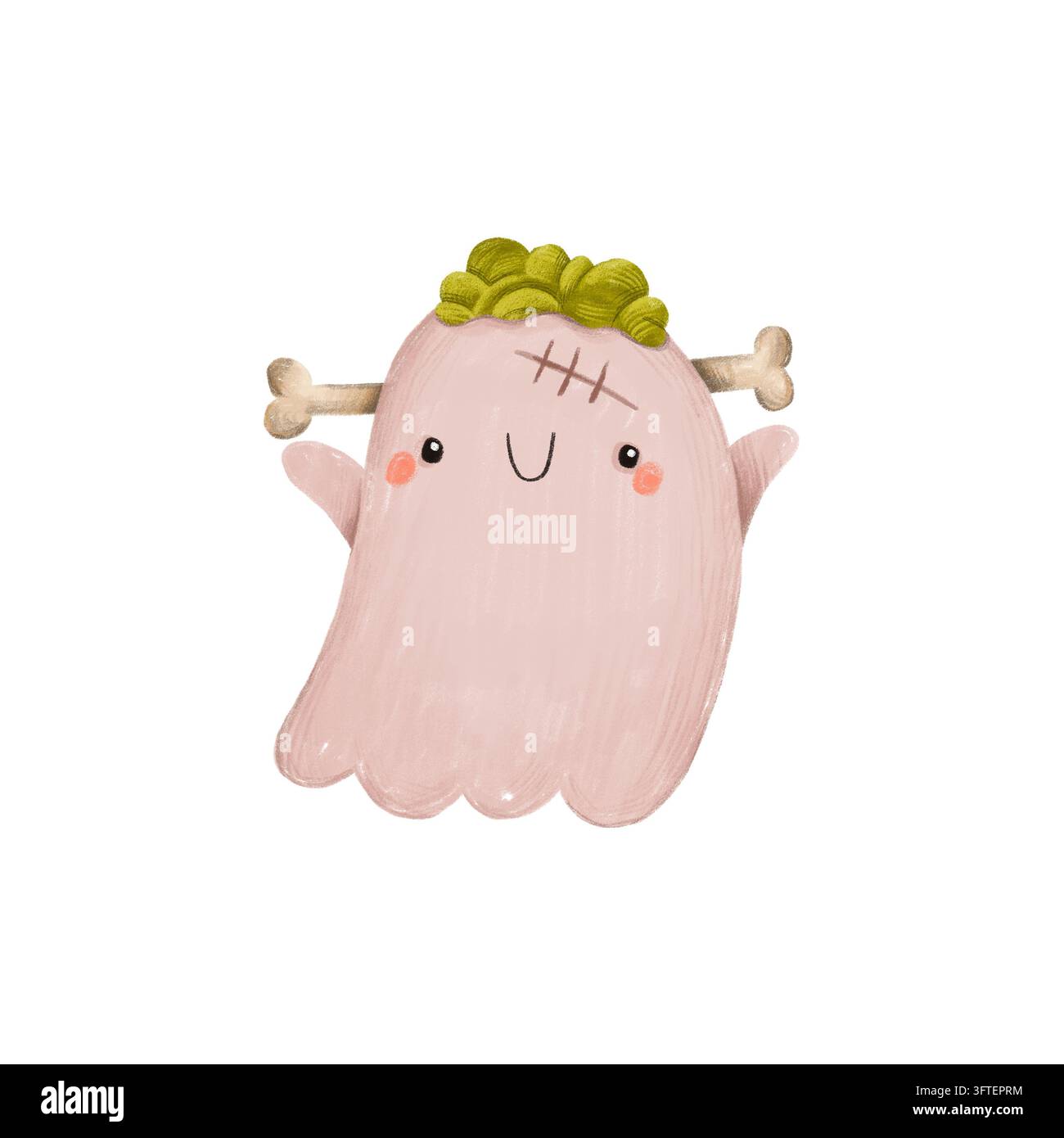Adorabile mostro fantasma rosa disegnato a mano con punti di sutura e ossa su uno sfondo bianco pulito, ideale per adesivi di Halloween, abbigliamento per bambini, stampe e g Foto Stock