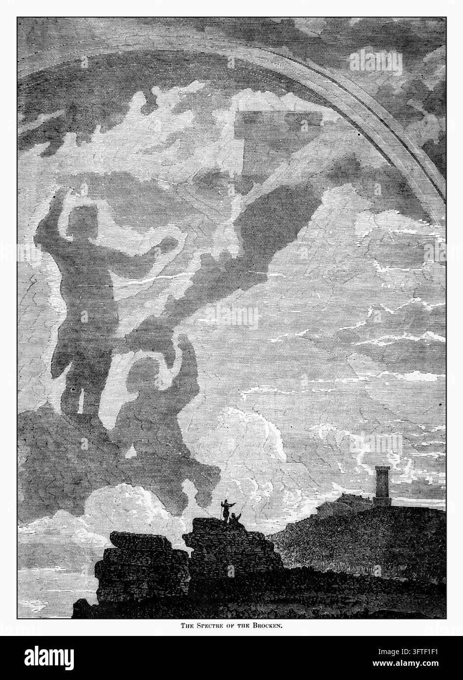 Spettro del Brocken che appare ai escursionisti sulla vetta della montagna, con effetto gloria, Harz, incisione del XIX secolo. Foto Stock