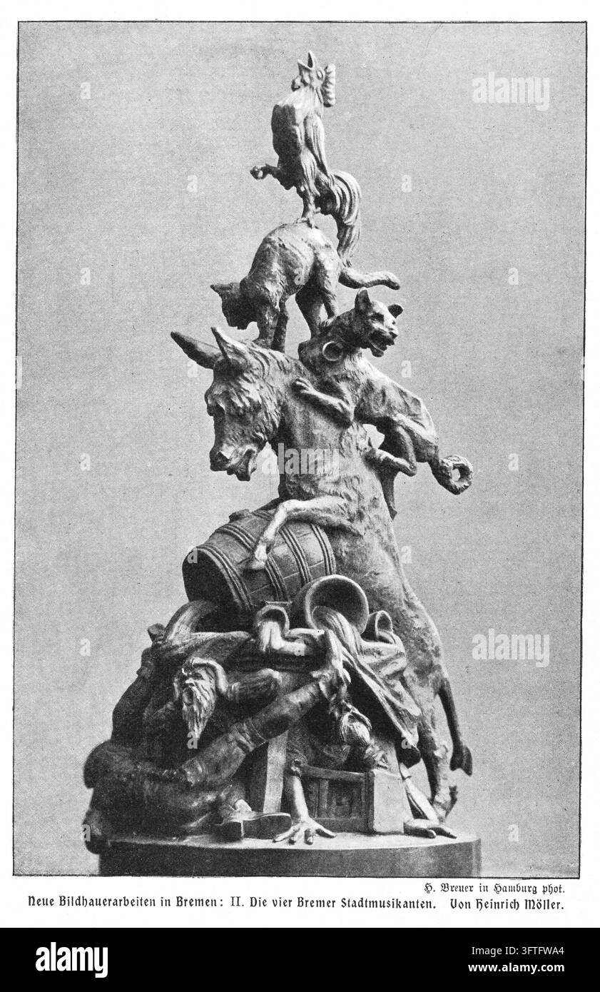Scultura dei Musicanti di Brema, animali impilati e ladri, arte di Heinrich Möller, fotografia del XIX secolo. Foto Stock