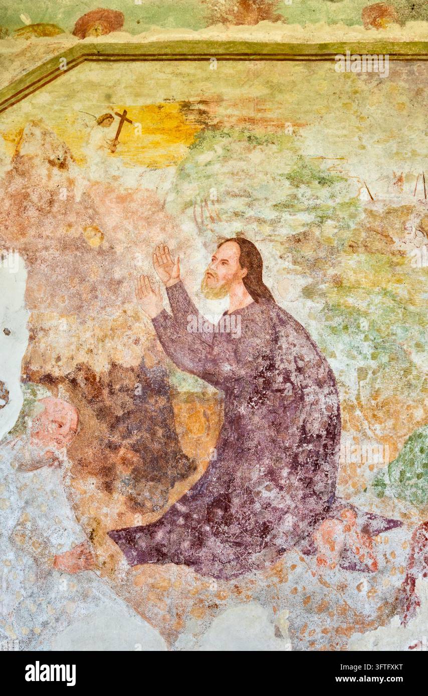 Affresco sulla parete della Chiesa di Santa Maria delle Nevi, villaggio di Solčava, Alpi di Savinja, Alta valle di Savinja, Stiria, Slovenia Foto Stock