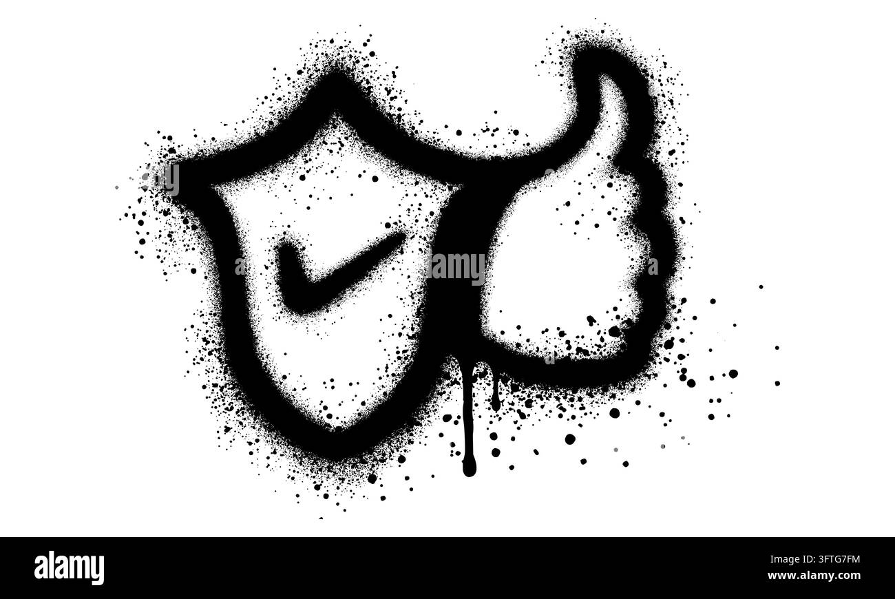 Scudo di sicurezza e segno del pollice alzato in stile graffiti con vernice spray nera. Illustrazione vettoriale. Illustrazione Vettoriale