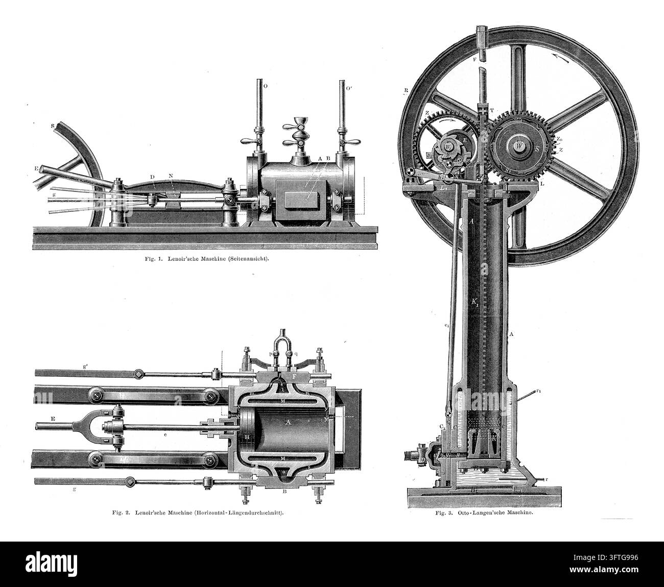 Motori a gas Lenoir e Otto-Langen, illustrazioni tecniche dettagliate, sfondo bianco, incisione del XIX secolo. Foto Stock