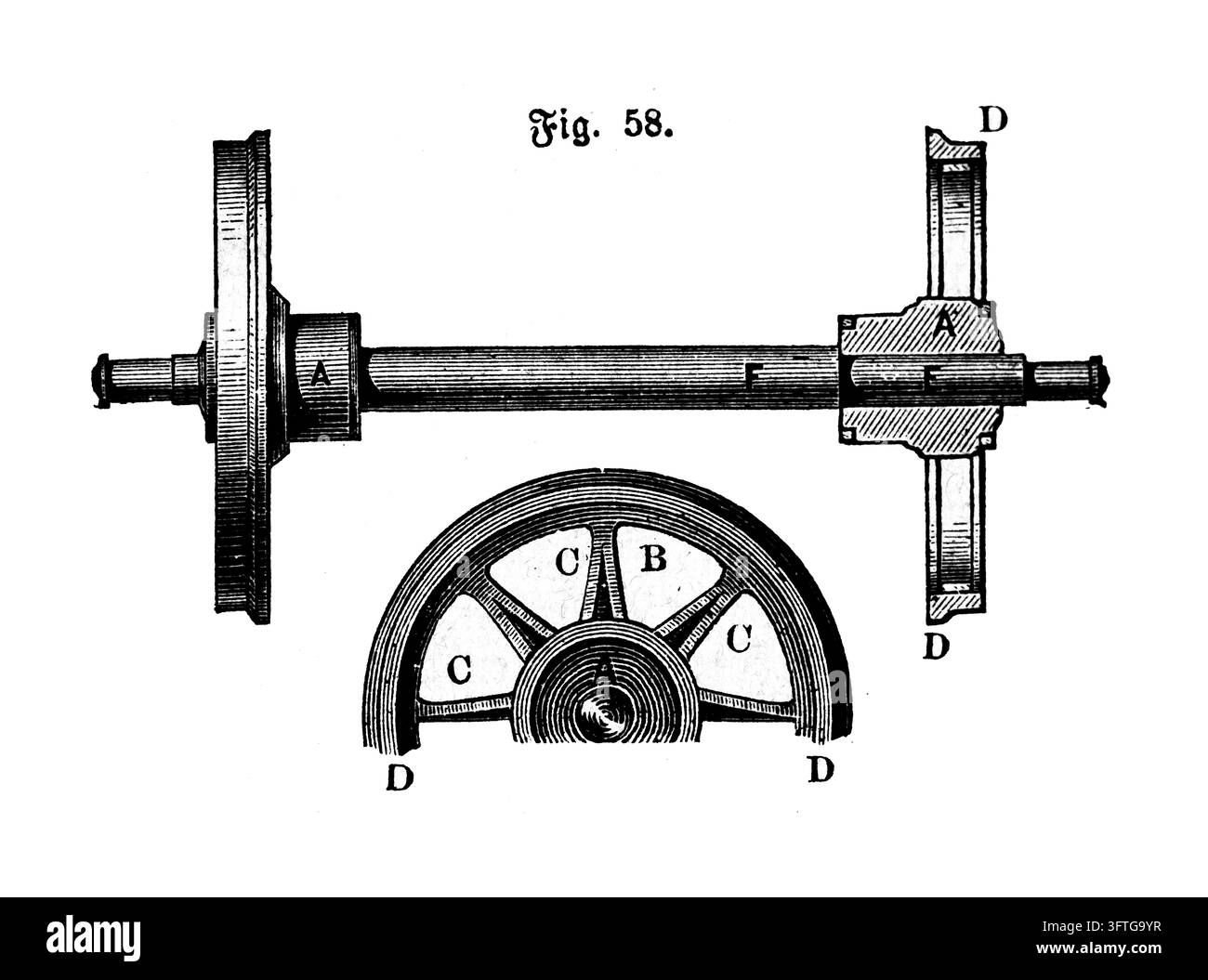 Albero di macchina con volano e puleggia, diagramma di un meccanismo industriale, sfondo bianco, incisione del XIX secolo. Foto Stock