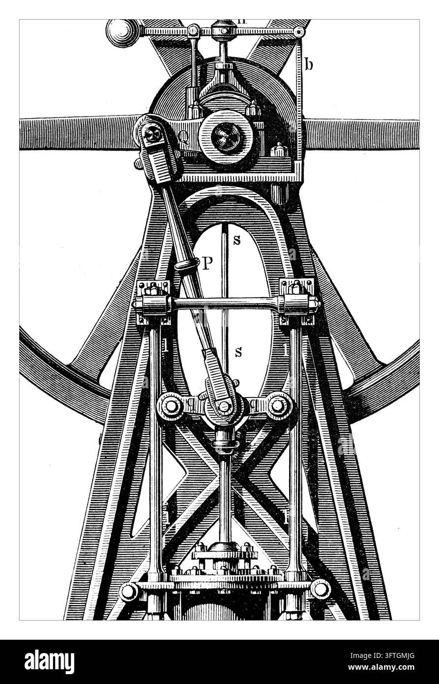 Dettaglio del meccanismo della macchina a vapore, tecnologia della rivoluzione industriale, sfondo bianco, incisione del XIX secolo. Foto Stock