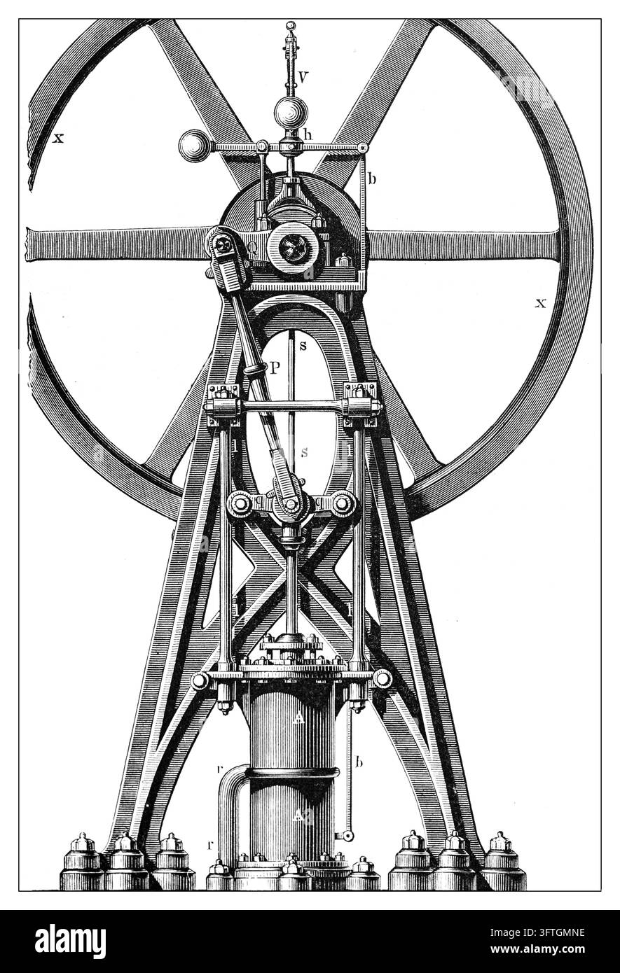 Macchina a vapore con volano e regolatore, illustrazione di macchinari industriali, sfondo bianco, incisione del XIX secolo. Foto Stock
