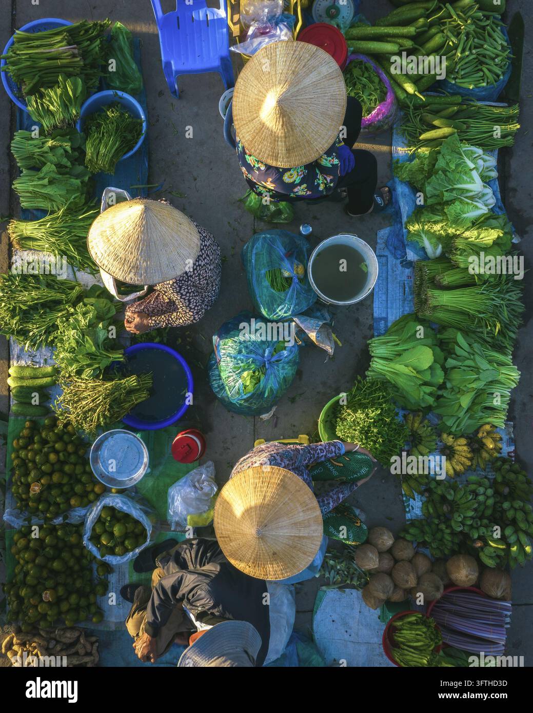 Vista aerea del mercato di Vi Thanh con venditori che indossano cappelli a cono tradizionali e vendono frutta e verdura fresca a Vi Thanh, Can Tho, Vietnam. Foto Stock