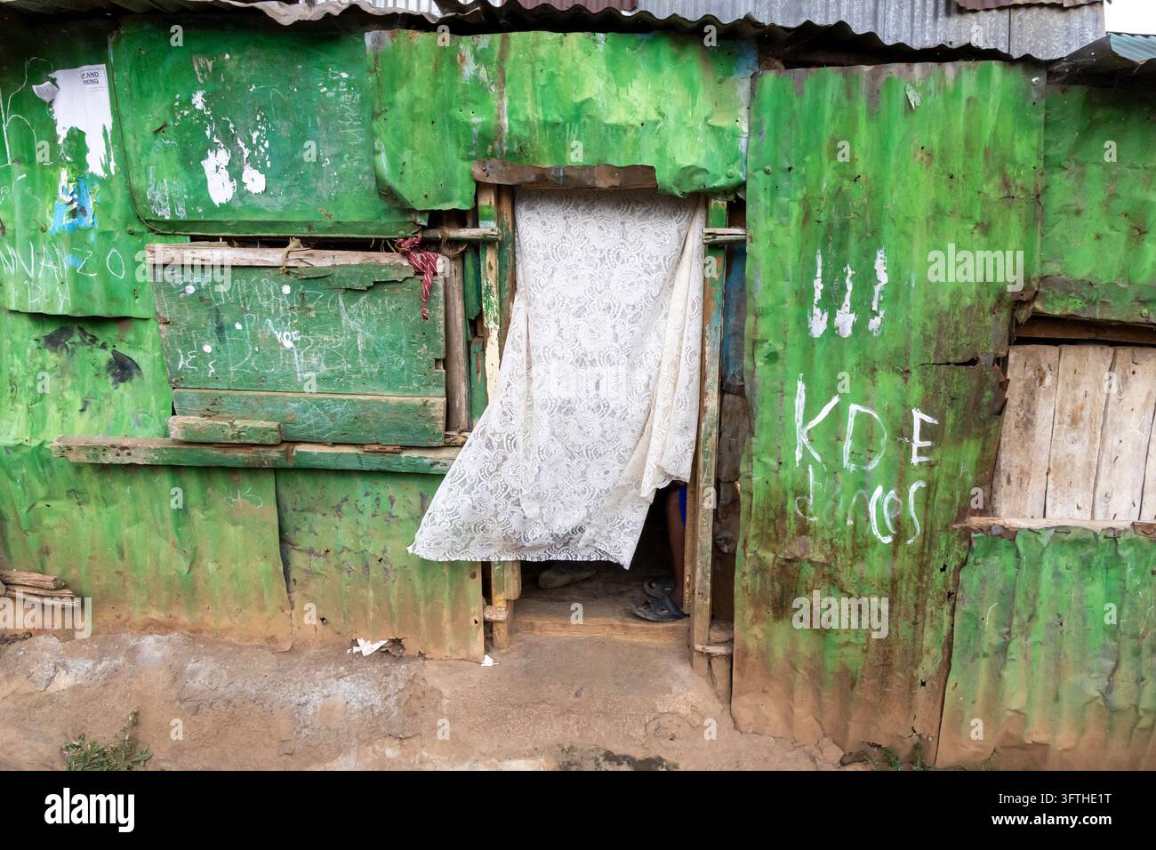 Muro in lamiera ondulata dipinto di verde patinato con una tenda di pizzo in una porta nell'area di Kibera, Contea di Nairobi, Nairobi, Kenya Foto Stock