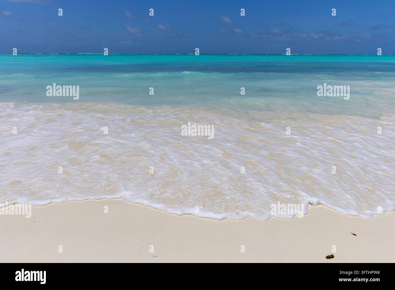 Onda schiumosa che si infrange su una sabbia bianca e liscia di una spiaggia tropicale con acqua turchese che si estende fino all'orizzonte sotto un cielo blu, Nungwi, Tanzania Foto Stock