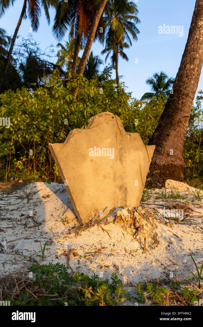 Segnacolo di cemento consumato a forma di scudo su sabbia bianca tra palme da cocco e cespugli nella luce dorata della sera, Jambiani, Tanzania Foto Stock