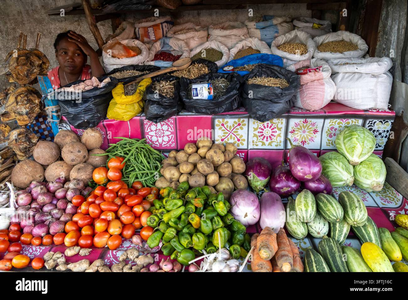Una donna è seduta dietro un banco di mercato pieno di verdure fresche e pesci essiccati, Ihorombe, Ranohira, Madagascar Foto Stock