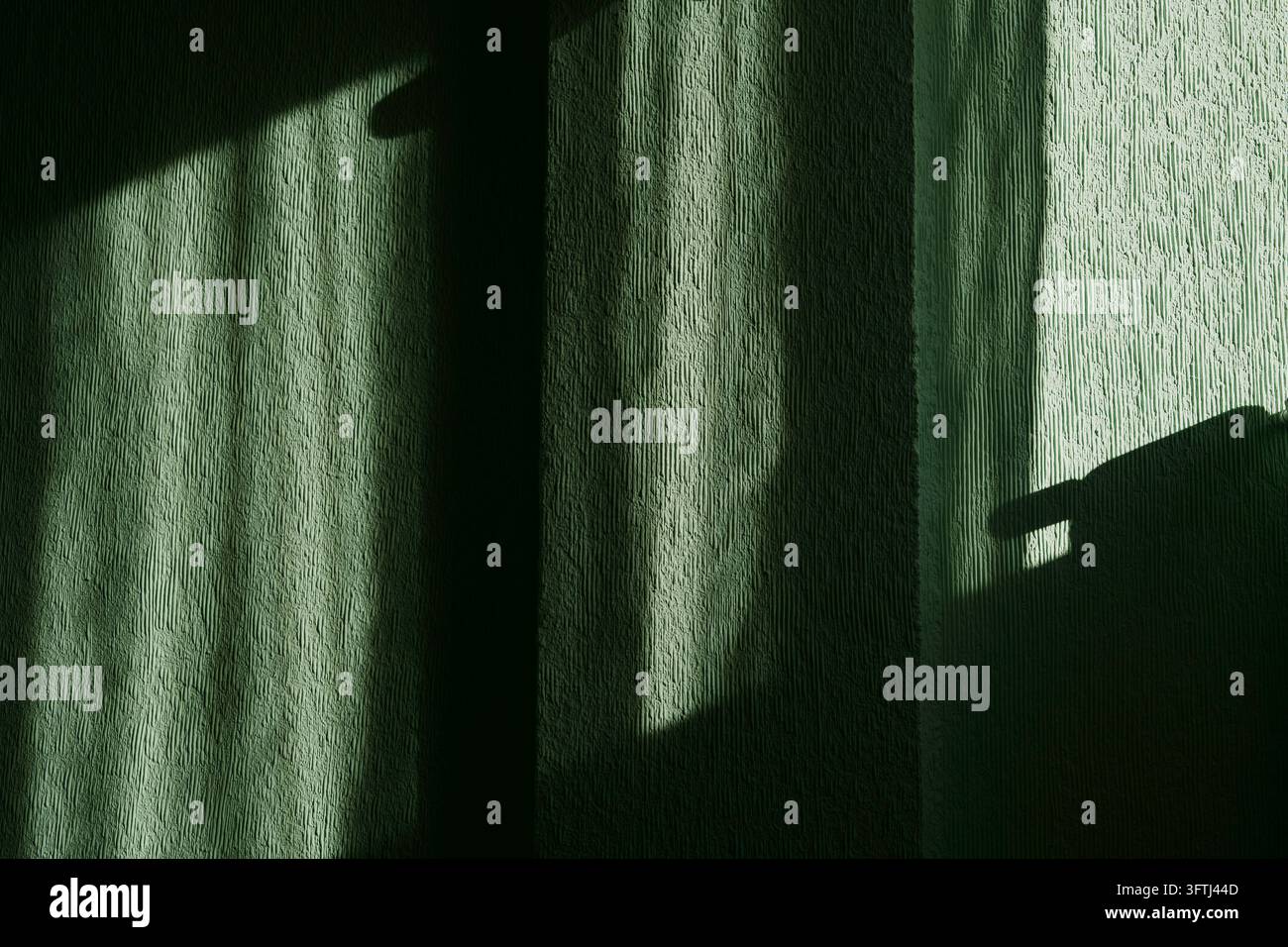 Muro verde strutturato che mostra motivi astratti di luce e ombra contrastante Foto Stock