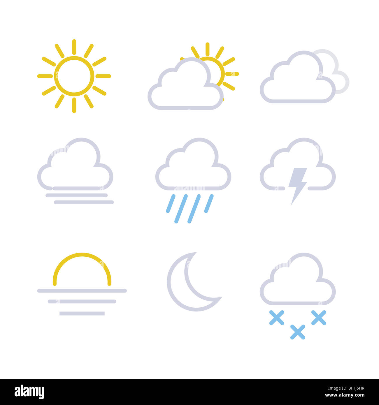 Collezione di icone meteorologiche minimali in linea che mostrano sole, nuvole, pioggia, fulmini, luna, nebbia, tramonto e neve per il design di app web e mobili di previsioni del tempo. Illustrazione Vettoriale