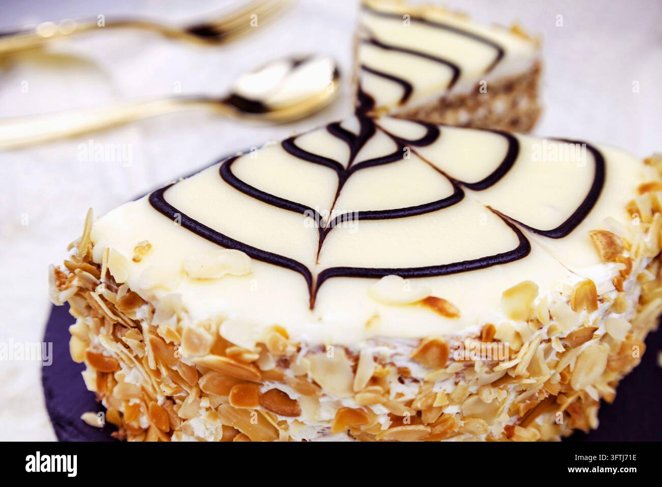Tradizionale torta ungherese Esterhazy con decorazione a griglia sul piatto Foto Stock