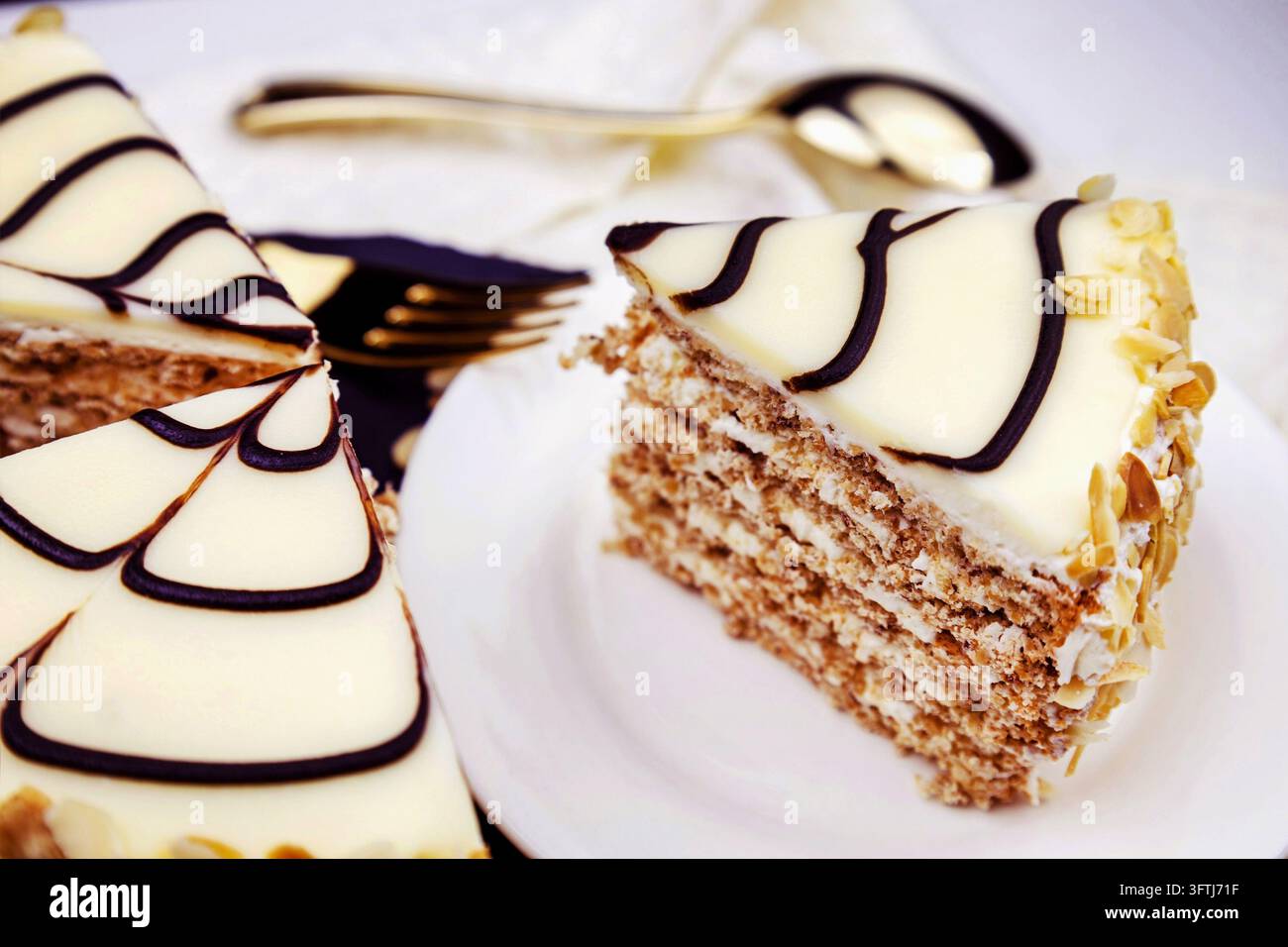 Tradizionale torta ungherese Esterhazy con decorazione a griglia sul piatto Foto Stock
