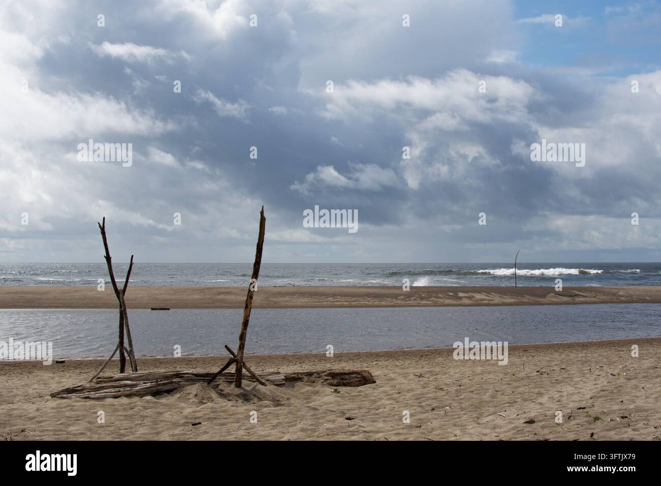 Sculture in legno di spiaggia su una spiaggia sabbiosa con nuvole tempestose, Newport Oregon Foto Stock