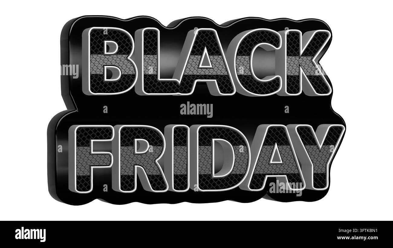 Tipografia 3D Black Friday su sfondo nero lucido, contorni di lettere effetto cromo bianco e texture geometrica a rete. Illustrazione 3D. Foto Stock